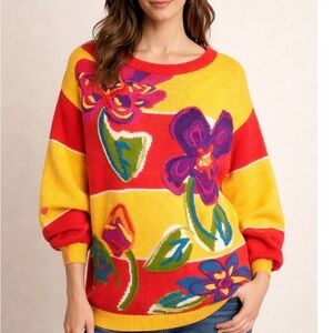 I B Diffusion vintage ramie and cotton Bright Floral Stripe Knit Sweater